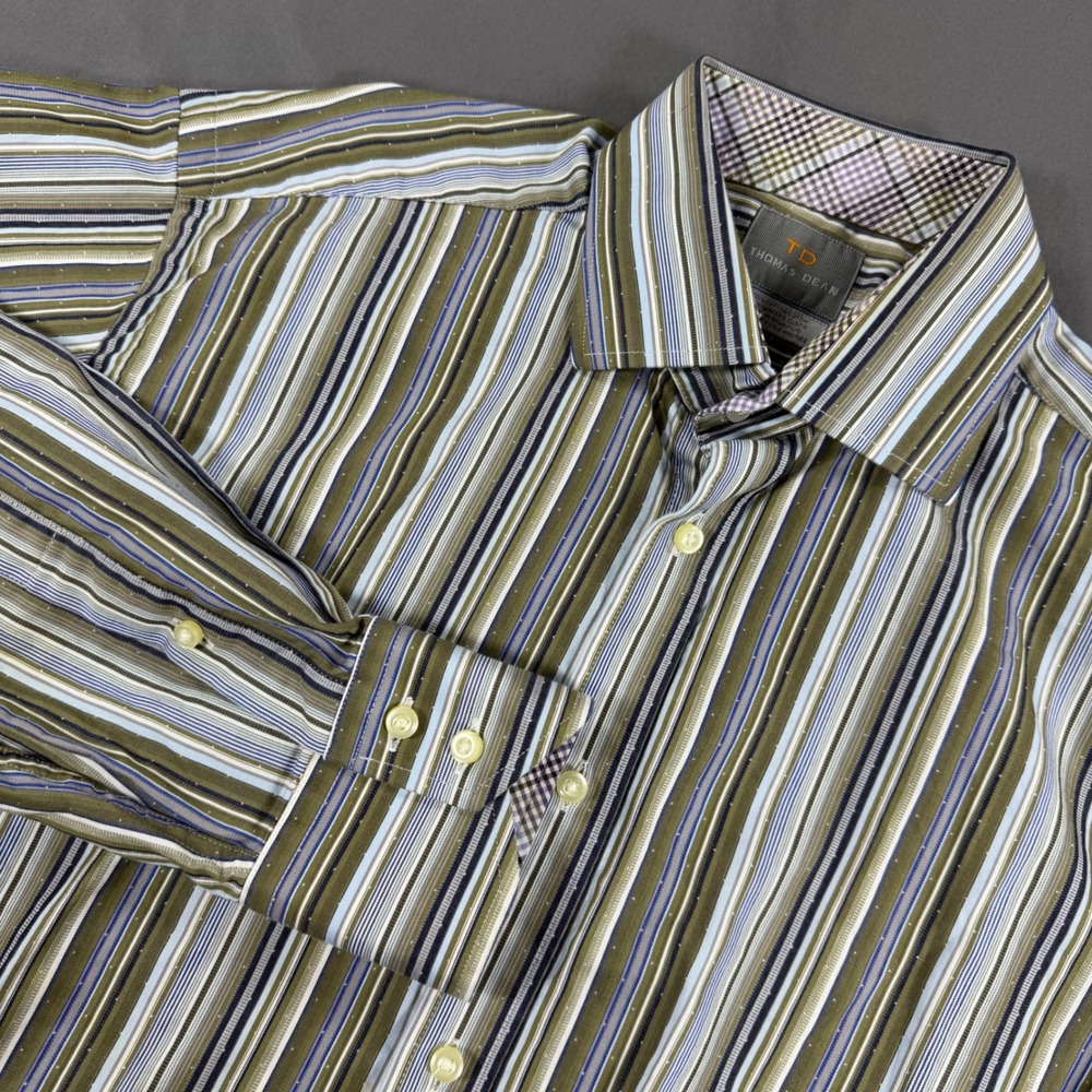 Thomas Dean Mens Medium Striped Button Down Shirt Olive Blue Long Sleeve Cotton